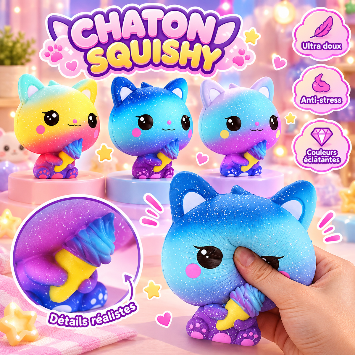 Chat Squishy Kawaii à Presser – Retour Lent & Anti-Stress