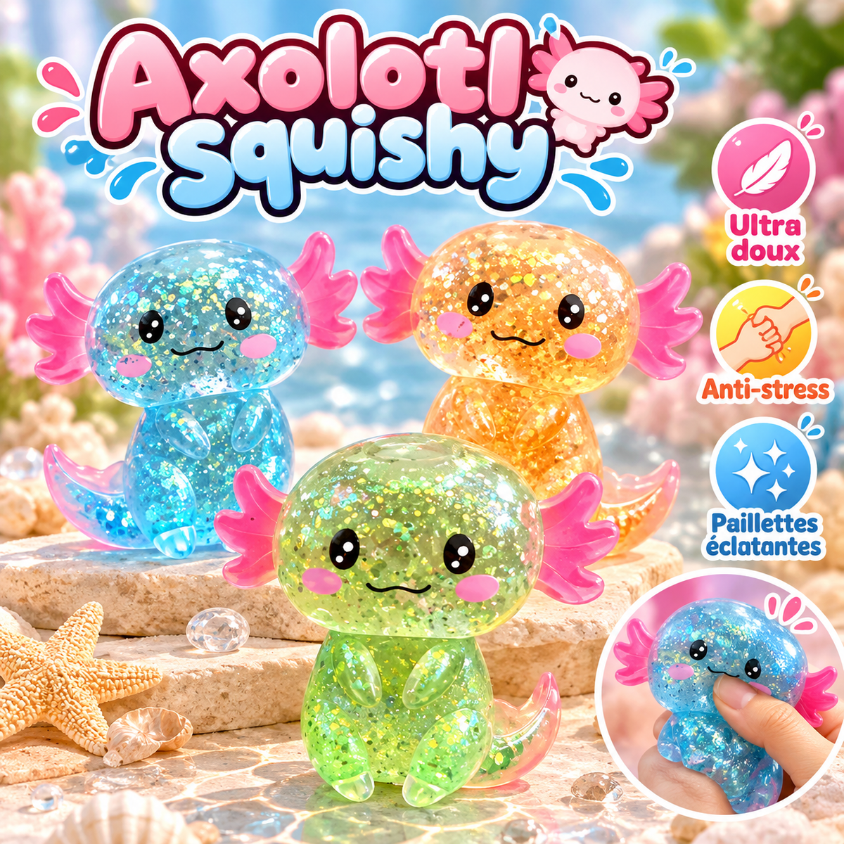 🦎 Axolotl Squishy Coloré – Doux, Stretchy & Ultra Fun