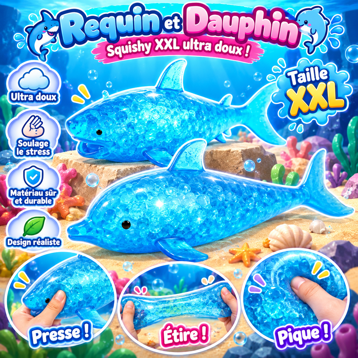 Squishy Requin Kawaii – Balle Anti-Stress à Presser & Étirer